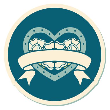 Geleneksel kalp stili dövme çıkartması ve çiçekli pankart.