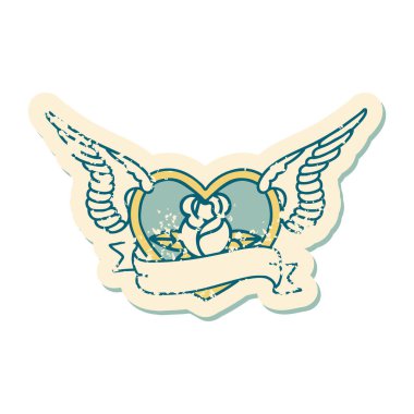 Çiçek ve bayrak taşıyan uçan bir kalbin ikonik kederli dövme görüntüsü