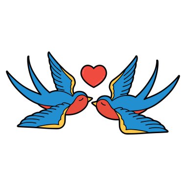 Kırlangıç ve kalp şeklinde geleneksel bir dövme.