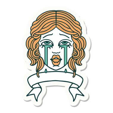 Dövme stili çıkartma. Ağlayan mutlu bir kadın yüzü var.