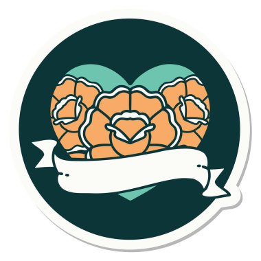 Geleneksel kalp stili dövme çıkartması ve çiçekli pankart.