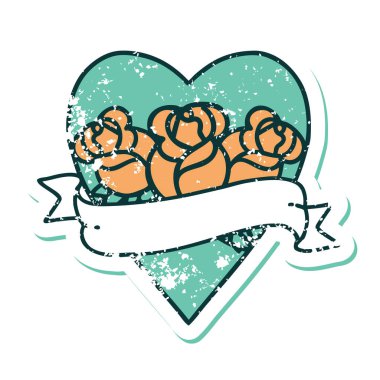 ikonik sıkıntılı dövme stili bir kalp ve çiçekli pankart