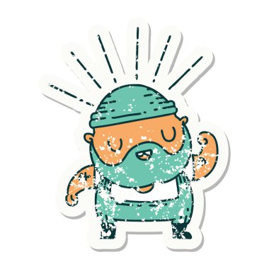 Dövme stili eski bir çıkartma. Sakallı adam pazılarını esnetiyor.