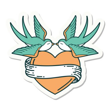 Geleneksel kırlangıç stili dövme çıkartması ve sancaklı bir kalp