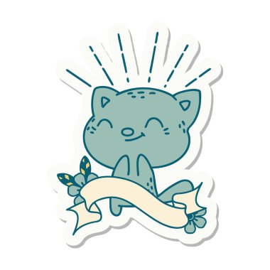 Dövme stili mutlu kedi çıkartması.