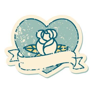 İkonik ıstıraplı dövme stili kalp gülü ve bayrağın görüntüsü 