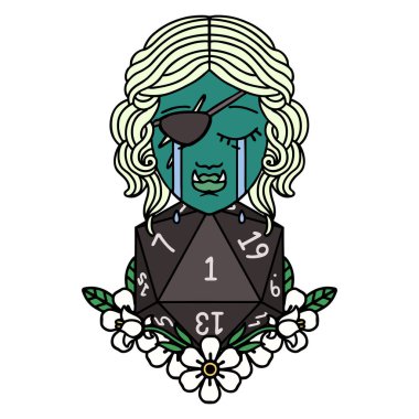 Retro Dövme Tarzı ağlayan yarı ork haydut karakter ve doğal D20 rulo