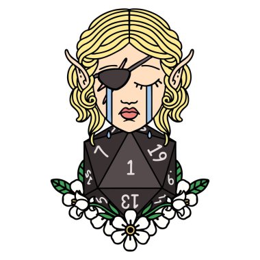 Retro Dövme Tarzı ağlayan elf haylaz karakter yüzü ve doğal bir D20 rulo