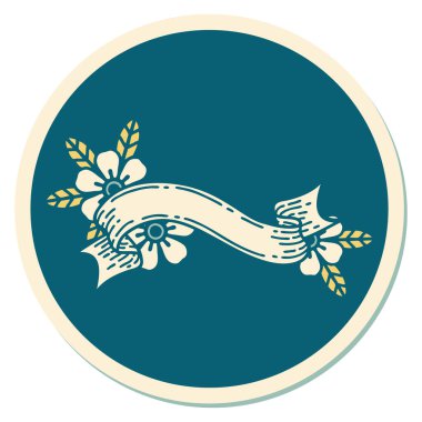 Dövme çıkartması geleneksel bir bayrak ve çiçek stili.