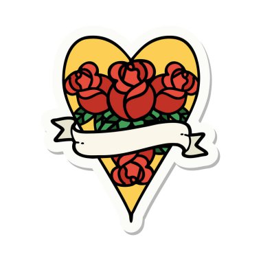 Geleneksel kalp stili dövme çıkartması ve çiçekli pankart.