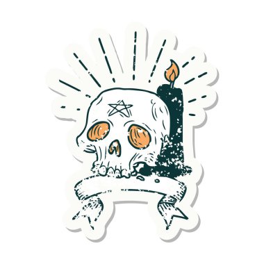 Dövme stili eski bir çıkartma. Ürkütücü kafatası ve mum.