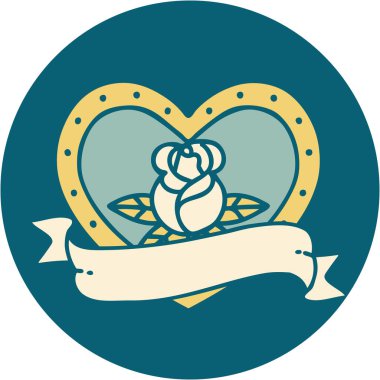 İkonik dövme tarzı bir kalp gülü ve bayrağının görüntüsü 