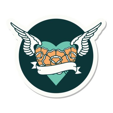 Geleneksel kalp stili dövme çıkartması. Kanatları, çiçekleri ve afişi var.