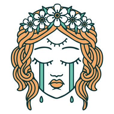 İkonik dövme stili. Üçüncü gözü ve taç takan kadın yüzü.