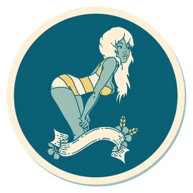 Geleneksel stil dövme çıkartması. Yüzme kostümlü, pankartlı bir kız.