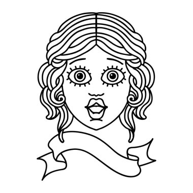 Geleneksel siyah çizgi dövmesi ve kadın yüzü dövmesi.