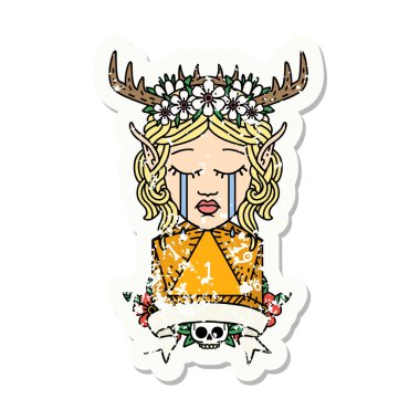 Üzgün bir Elf Druid karakterinin doğal bir D20 yuvarlak yüzlü grunge çıkartması.