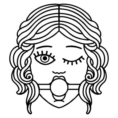 Siyah çizgili dövme. Göz kırpan kadın yüzü. Ağız topu takıyor.