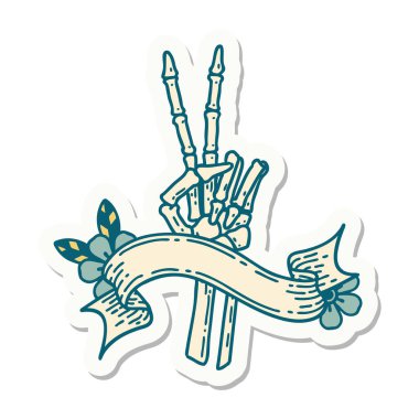 Dövme stili çıkartma. İskelet sancağıyla barış işareti veriyor. 