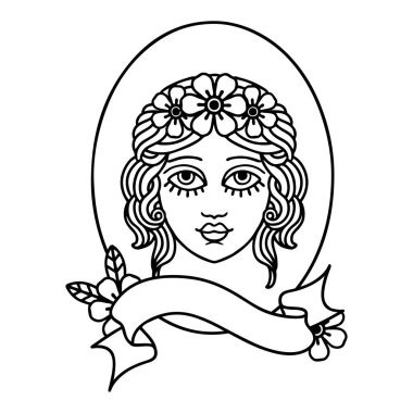 Geleneksel siyah çizgi dövmesi. Saçında çiçekli bir bakire dövmesi var.