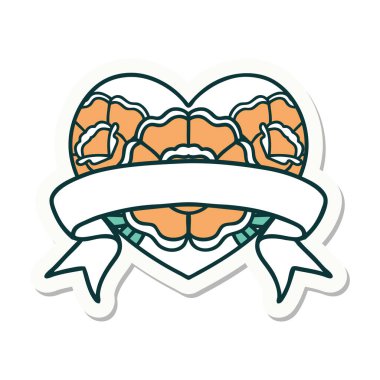 Geleneksel kalp stili dövme çıkartması ve çiçekli pankart.