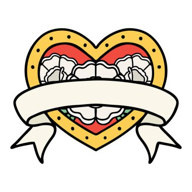 Geleneksel kalp şeklinde dövme ve çiçekli pankart