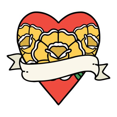 Geleneksel kalp şeklinde dövme ve çiçekli pankart