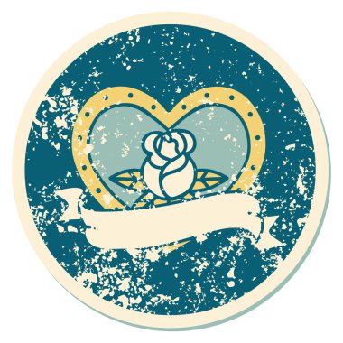 İkonik ıstıraplı dövme stili kalp gülü ve bayrağın görüntüsü 