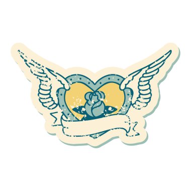 Çiçek ve bayrak taşıyan uçan bir kalbin ikonik kederli dövme görüntüsü