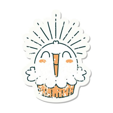 Dövme stili eski bir çıkartma. Mutlu bir şekilde şarkı söylüyor.