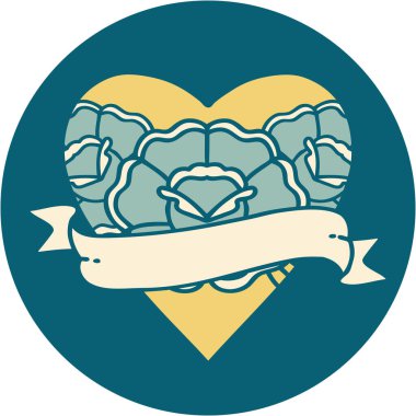 ikonik dövme stili bir kalp ve çiçekli pankart