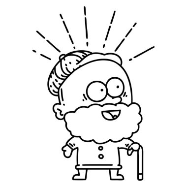 Geleneksel siyah çizgili dövmeli, bastonlu mutlu yaşlı bir adamın resmi.