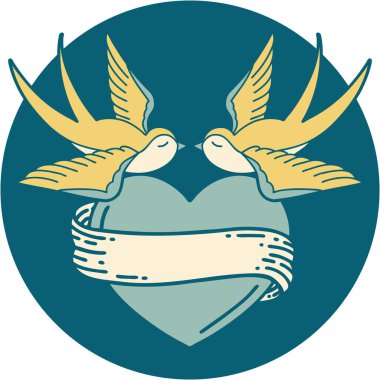 Kırlangıçların ikonik dövme şekli ve sancaklı bir kalp.