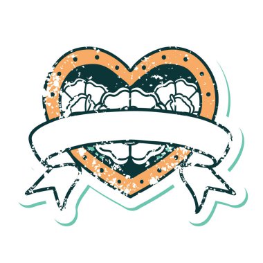 ikonik sıkıntılı dövme stili bir kalp ve çiçekli pankart