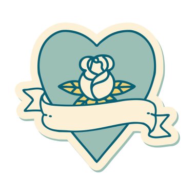 Dövme çıkartması geleneksel tarz bir kalp gülü ve bayrağı 