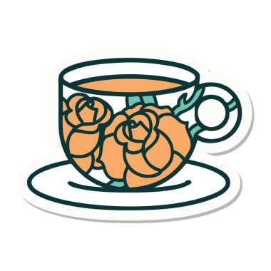 Geleneksel bir fincan ve çiçek stili dövme çıkartması.