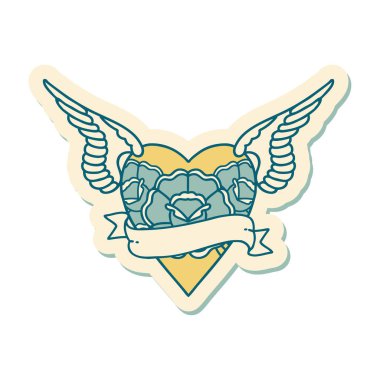 Geleneksel kalp stili dövme çıkartması. Kanatları, çiçekleri ve afişi var.