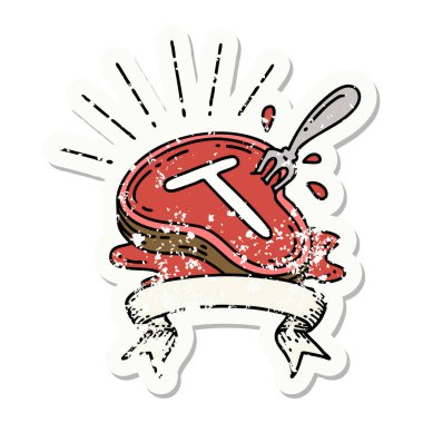 Eski bir dövme stili biftek ve çatal.