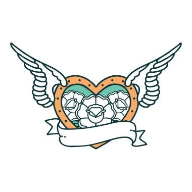 Çiçek ve bayrak taşıyan uçan bir kalbin ikonik dövme görüntüsü