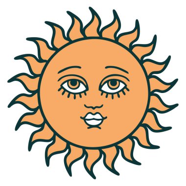 ikonik dövme stili yüzü olan bir güneşin görüntüsü