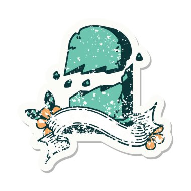 Kırık mezar taşı pankartıyla eski bir etiket.