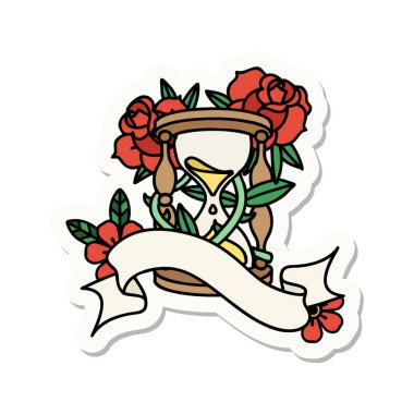 Bir saatlik cam ve çiçekli dövme stili çıkartması