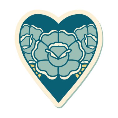 Geleneksel kalp ve çiçek stiliyle dövme çıkartması.