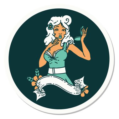 Geleneksel stil dövme çıkartması. Afişi olan şaşırmış bir kız.