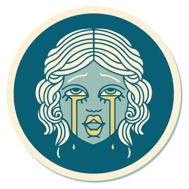 Geleneksel stil dövme çıkartması. Mutlu, ağlayan bir kadın yüzü.