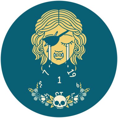 Retro Dövme Tarzı ağlayan yarı ork haydut karakter ve doğal D20 rulo