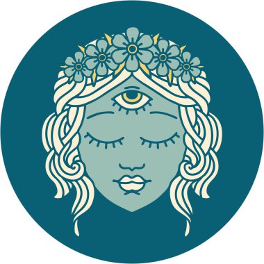 İkonik dövme stili. Üçüncü gözü ve çiçek tacıyla kadın yüzü.