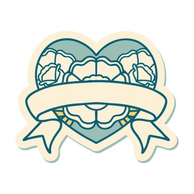 Geleneksel kalp stili dövme çıkartması ve çiçekli pankart.