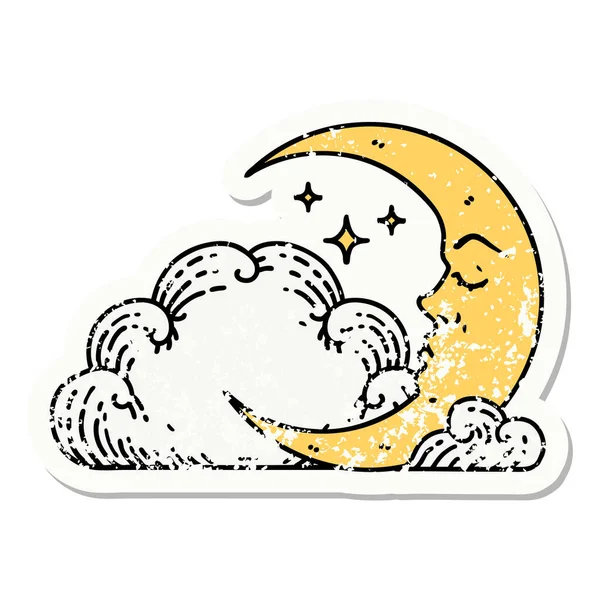 Verontruste Sticker Tatoeage Traditionele Stijl Van Een Halve Maan Wolken — Stockvector