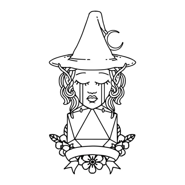 Black White Tattoo Linework Style Crying Elf Mage Character Natural — Stock Vector